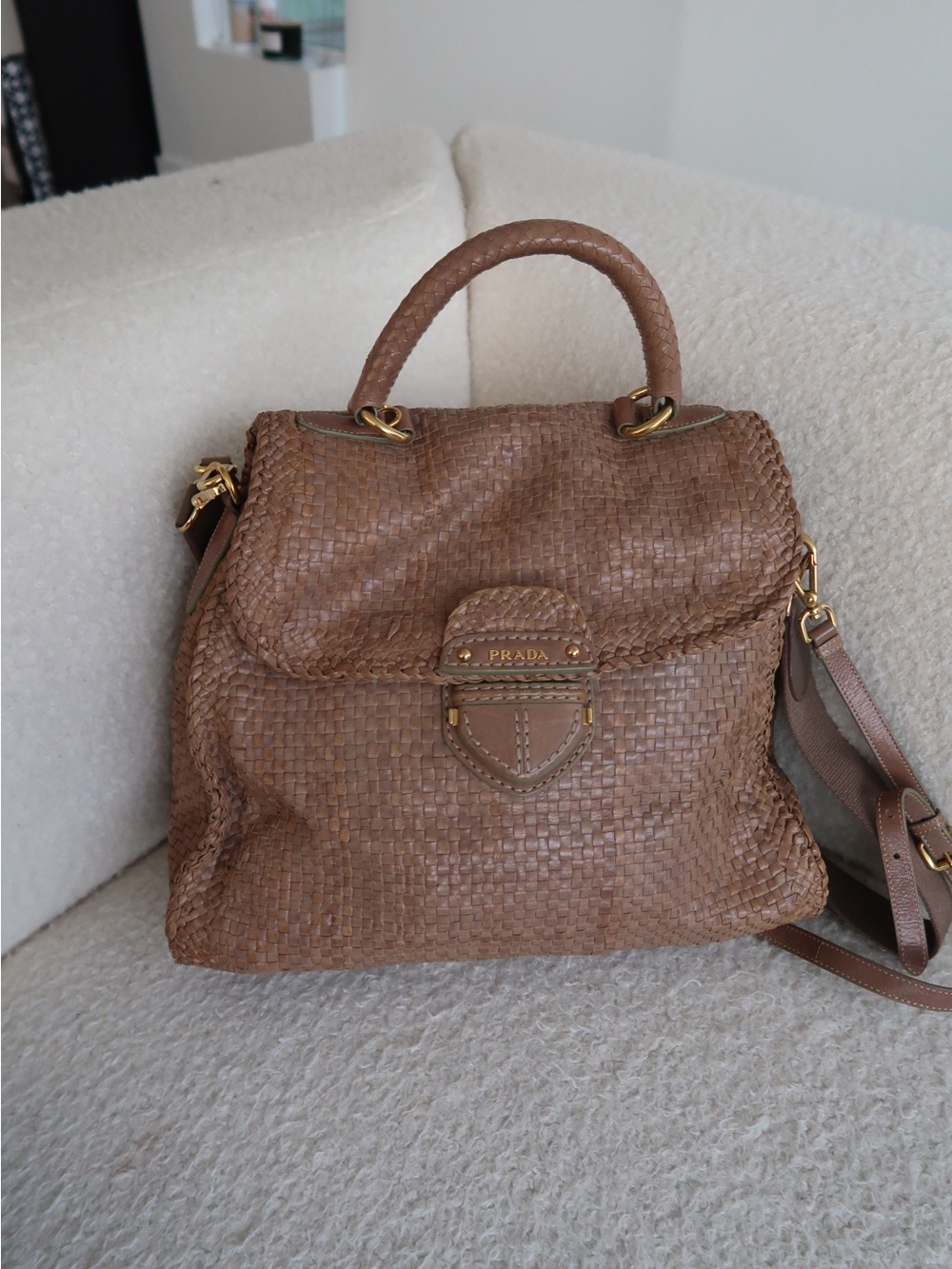 Prada Brown Woven Leather Satchel with Top Handle